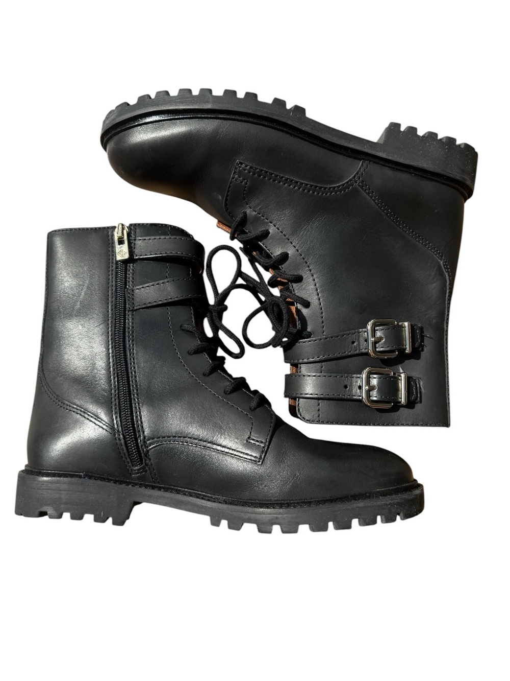 Antonio Melani Moto Combat Boots Black Leather Gold Buckle Lace Up